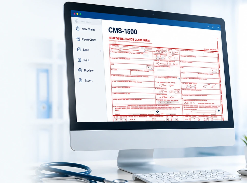 CMS-1500 paper claim software displayed on a desktop computer