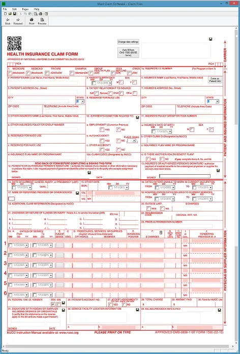 Actual CMS-1500 paper filing software showing the claim form
