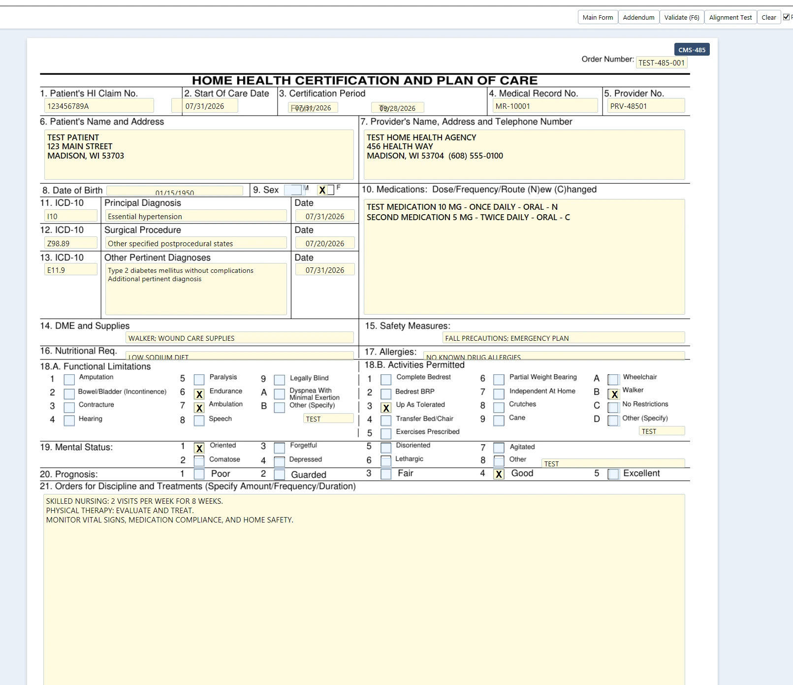 CMS-485 Software screen showing home health plan-of-care fields