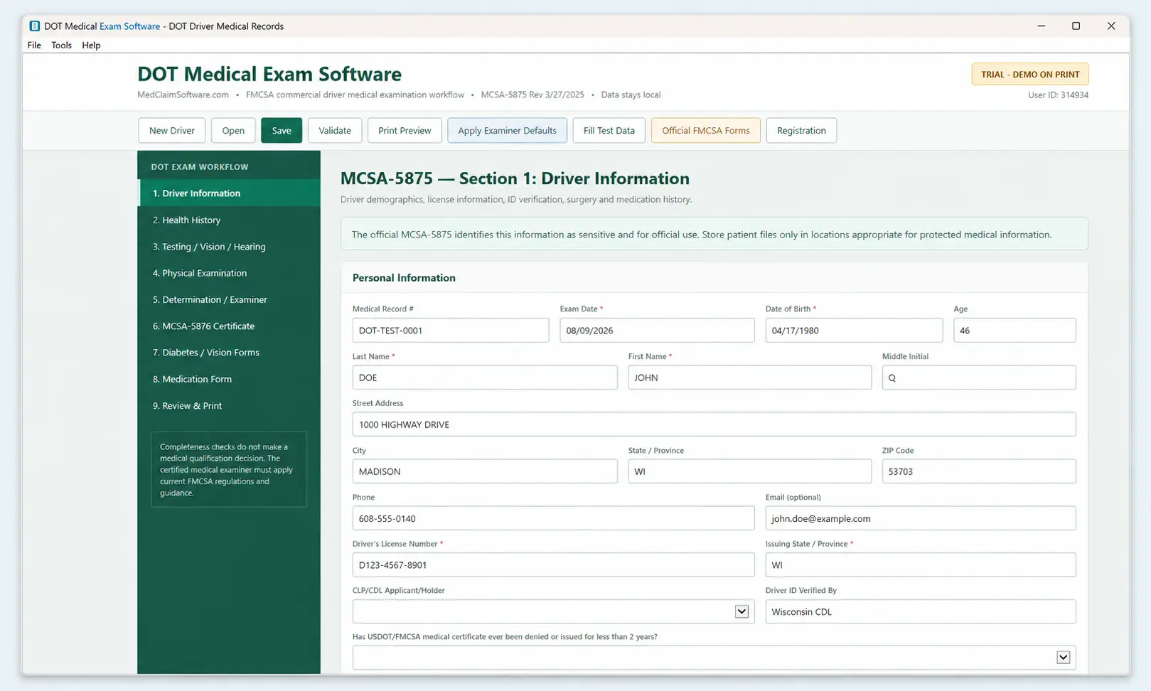 DOT Medical Exam Software screen showing the MCSA-5875 driver information workflow