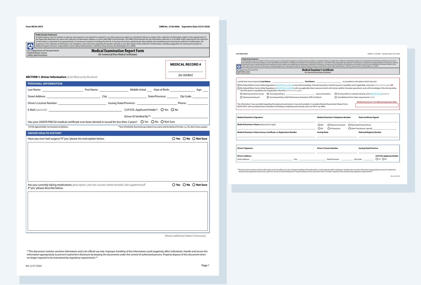 DOT medical examination forms MCSA-5875 and MCSA-5876