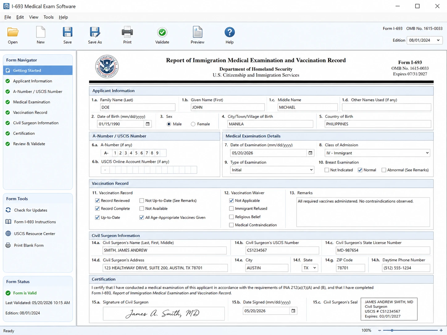 Illustration of the I-693 Medical Exam Software desktop interface