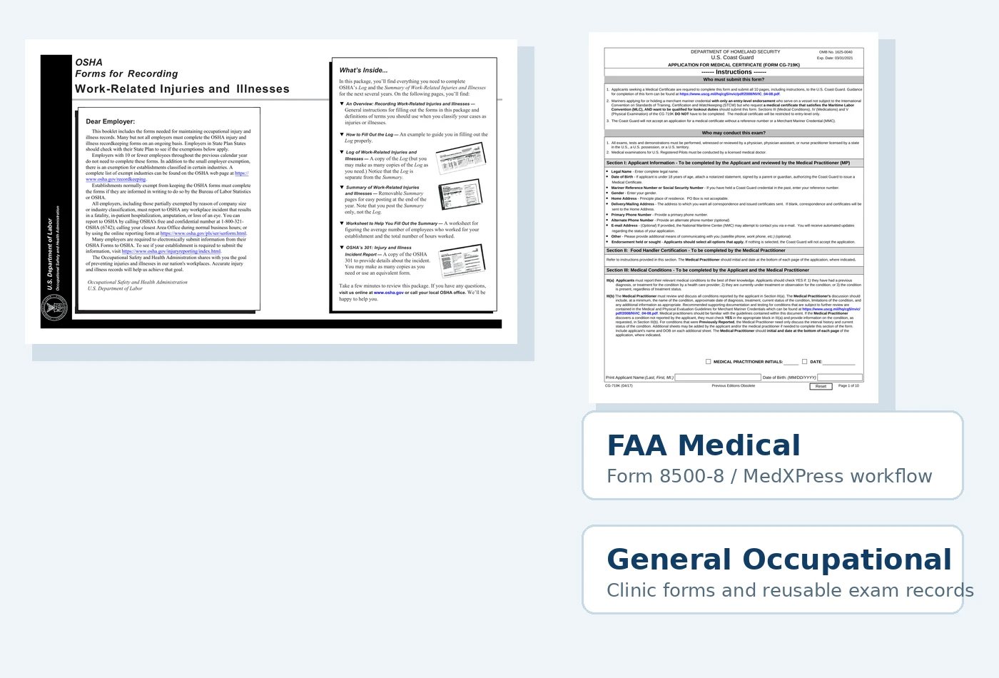Occupational medical forms including OSHA recordkeeping, Coast Guard CG-719K, FAA medical workflow, and general occupational forms