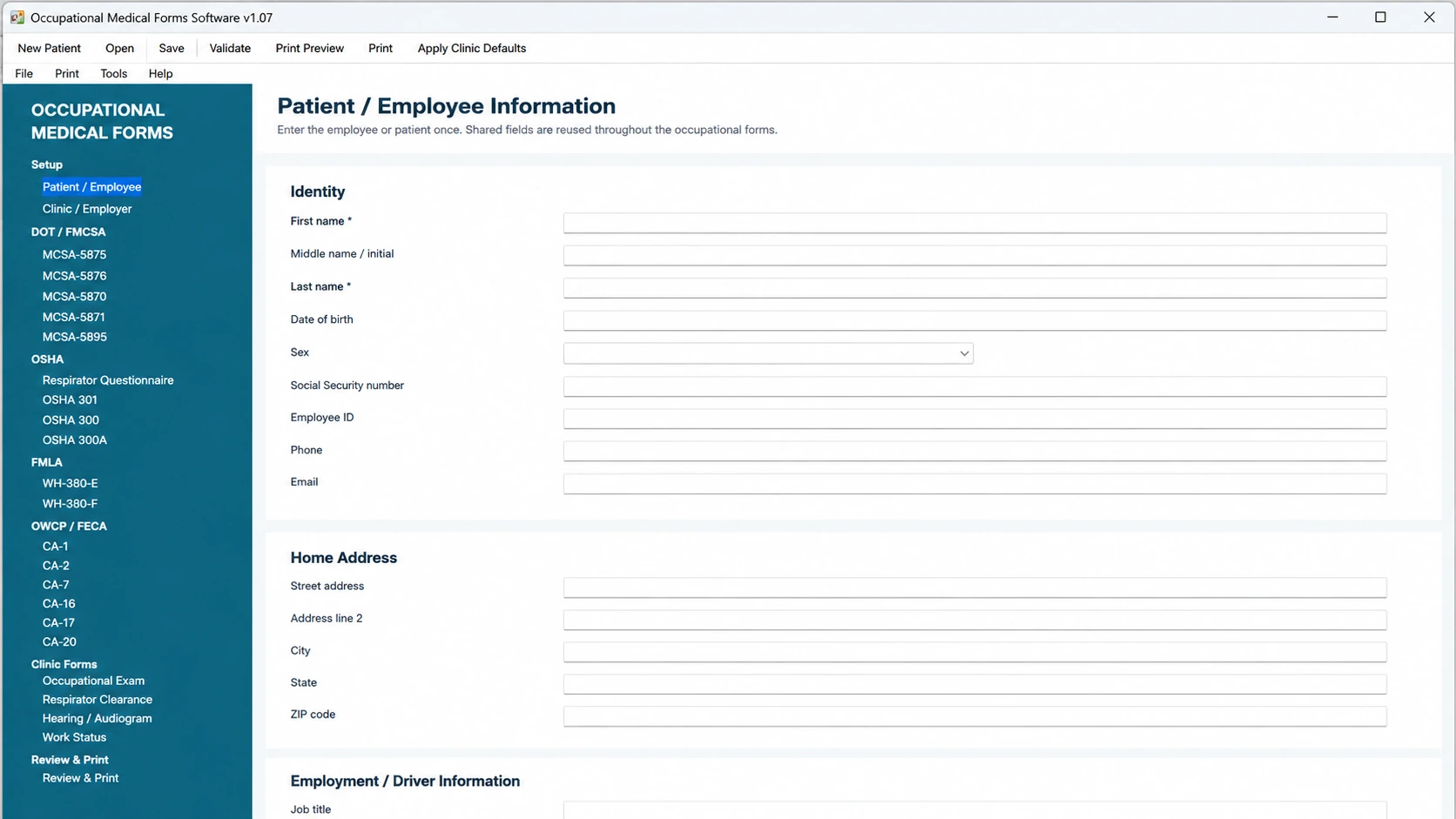 Occupational Medical Forms Software screen with included form navigation