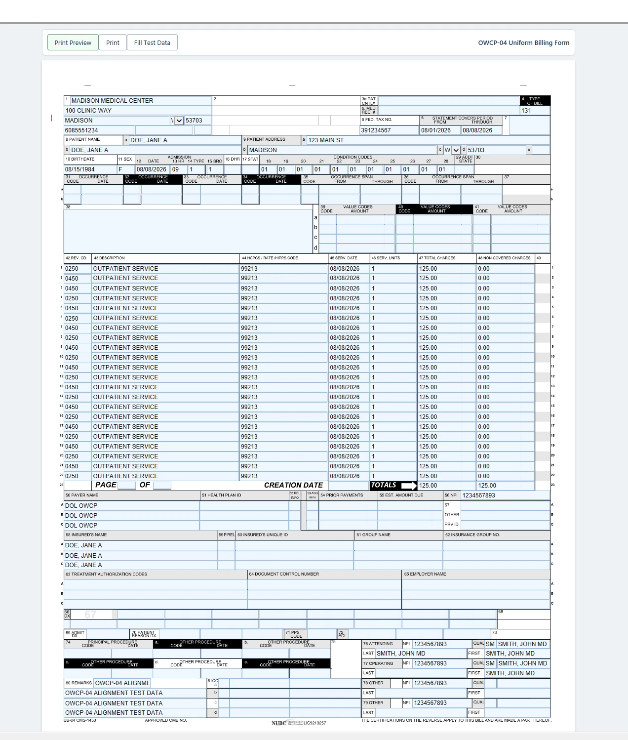 OWCP-04 Software screen showing the institutional federal workers' compensation claim form