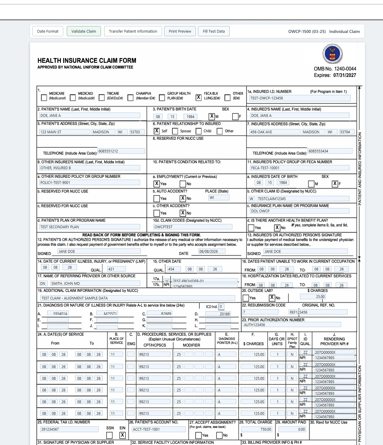 OWCP-1500 Software screen showing the professional federal workers' compensation claim form